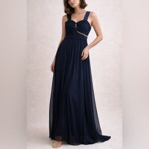 ✨💎Betsey & Adam Navy Chiffon Formal Gown Gold Chain Detail Size 12 NWOT ✨ Long!!